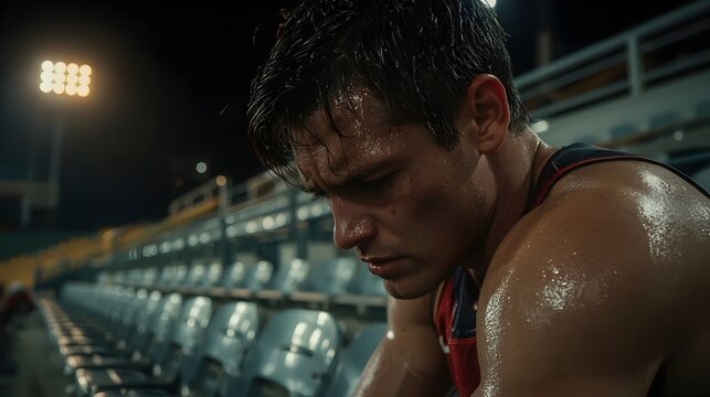 Tired athlete resting in empty stadium after intense workout