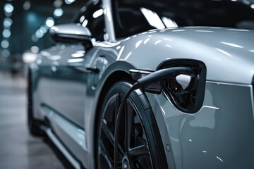 Electric car charging at station with close up on connector and wheel. Modern vehicle in indoor parking with focus on technology and sustainable transportation.