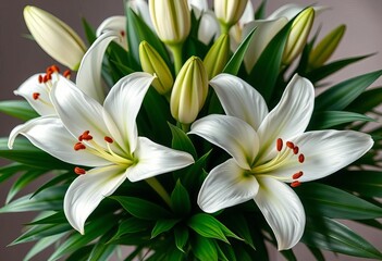 Fototapeta premium Elegant bouquet of pristine white lilies, lush green foliage, spring, sophisticated