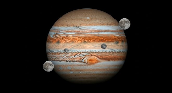 Vibrant Jupiter with four Galilean moons Io, Europa, Ganymede, and Callisto orbiting, stunning space illustration, cosmic storm bands, deep orange and white swirling atmosphere, high-resolution