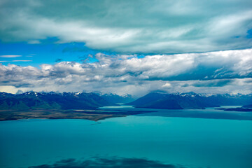 andes mountains el calafate argentinian turquoise lake view from aerial from airplane window