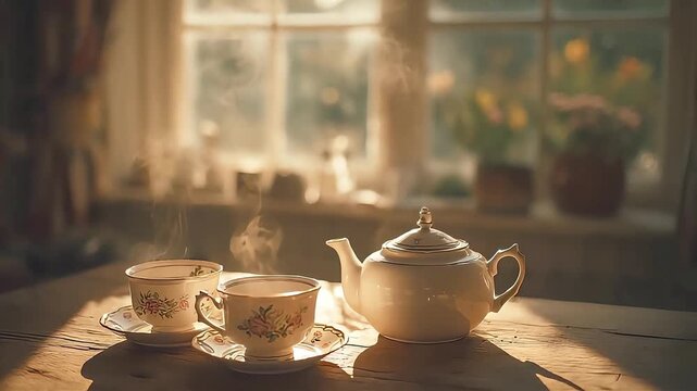 A cozy scene of steaming tea cups and a teapot bathed in soft sunlight, perfect for relaxation or social media content.