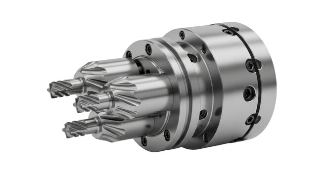 Photo-realistic 3D render of a precision industrial multi-tool head with various cutting bits, used in CNC machining and manufacturing engineering