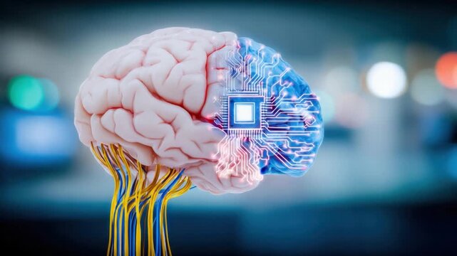 Brain with artificial intelligence: A striking visual juxtaposition of the human brain with futuristic circuits, symbolizing the convergence of human intellect and artificial intelligence.