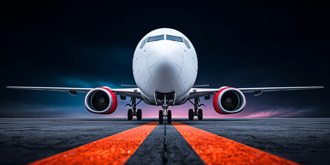 Fototapeta premium Commercial passenger airplane parked on tarmac at dusk, preparing for global journey and air transportation