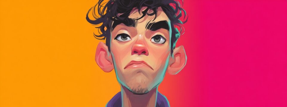 Exaggerated Cartoon Portrait with Smooth Shading and Unique Facial Features on Colorful Background