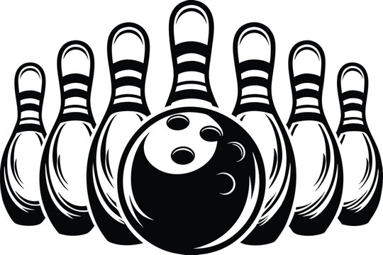 Black and white bowling ball ready to strike five pins arranged neatly