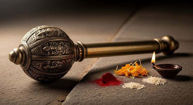 Hanuman Janmotsav: Sacred Symbols, Mace (Gada) on Stone Floor, Representing Hindu Devotion and Festival Spirit