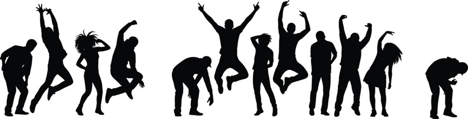 Black silhouettes of people dancing and celebrating on white background