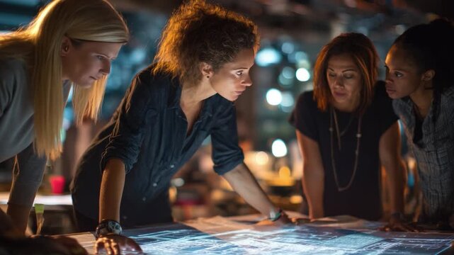 Strategic Huddle: A team of focused individuals huddles over a map, immersed in a moment of intense collaboration, charting a course towards a shared objective.