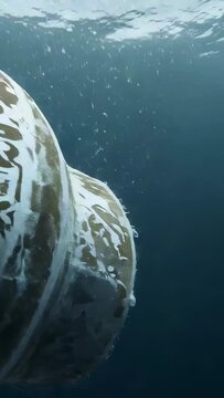 Vertical video: Releasing bubbles, patterned sphere rotating at sea as diver in dark suit checking