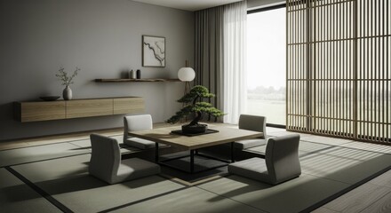 Modern Japanese Minimalist Dining Area with Zen Aesthetics, Low Wooden Table, Tatami Mats, Bonsai Tree, and Natural Light, Featuring a Wooden Slatted Screen