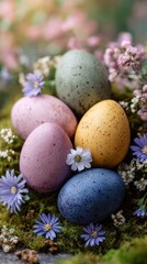 Fototapeta premium Close up of pastel dyed Easter eggs arranged on green moss with small spring flowers in soft natural light.
