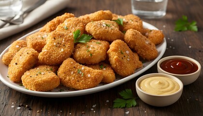 Golden crispy chicken nuggets served with dipping sauces on a rustic wooden table, perfect for a Game Day Food Concept