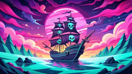 Poster Piraten Pirate ship sailing under a pink sunset  © ruposhi