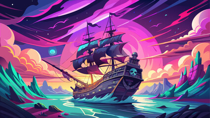 Pirate ship sailing on colorful waterscape © ruposhi