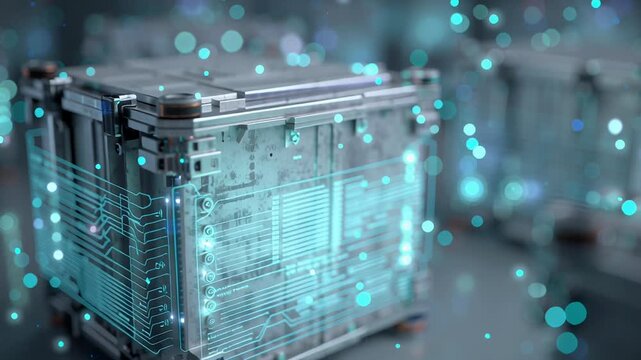 A series of boxes with a blue and white design. Macro shot of digital twin energy pack with live AI optimization overlays, refined professional science art, ai optimized energy storage