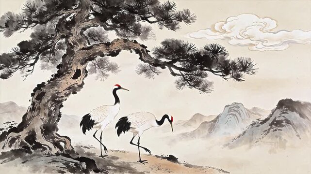 Traditional painting of cranes under a pine tree