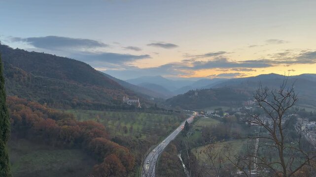 Spoleto, Umbria, Italy. Sunset panorama seen from the hupper part of the city