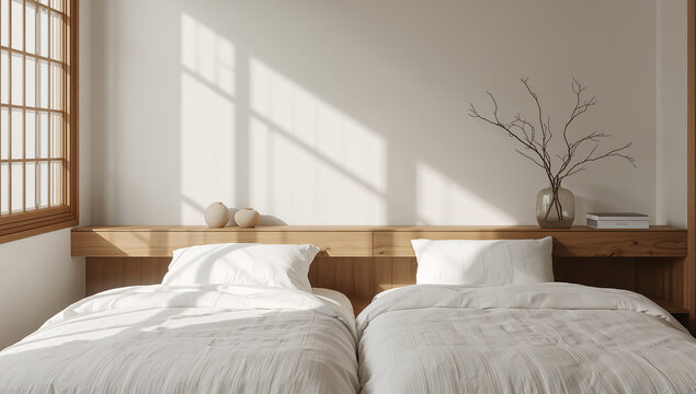 和モダンの余白と透明ガラス小物で整えた静かな寝室