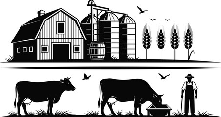 Black and white farm illustration, barn with silos, cows and farmer scene, agricultural life drawing, rural landscape artwork, livestock and crop design © Azizul360