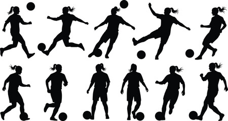 Silhouettes of Women Playing Soccer with Balls in Various Actions soccer players black silhouettes sports