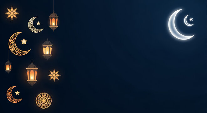 Elegant Minimalist Idul Fitri Composition: Traditional Lanterns and Modern Crescent Moon Symbols for Ramadan and Eid Celebrations