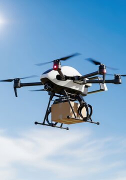 Futuristic octocopter drone autonomously delivering a cardboard package suspended beneath its chassis against a clear blue sky with wispy clouds showcasing modern logistics