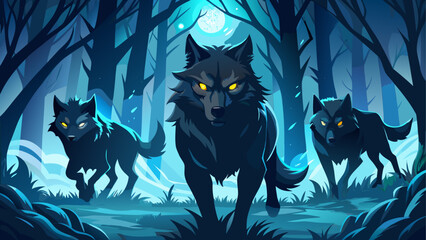 Three wolves prowling through dark forest © ruposhi