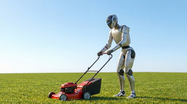 Futuristic humanoid robot pushing a red lawn mower, cutting green grass on a sunny day