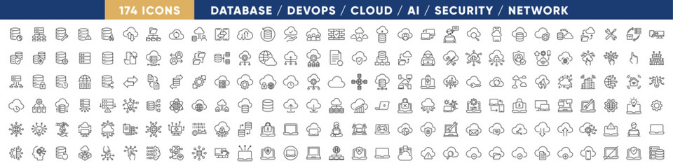 Fototapeta premium Technology Mega Line Icon Set – Database, DevOps, Cloud Computing, AI, Security and Network Outline Collection
