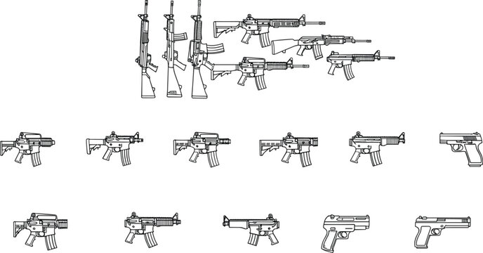 Black and white line drawing collection of rifles, pistols, submachine guns, firearm outlines for identification, weapon comparison illustration, military concept artwork