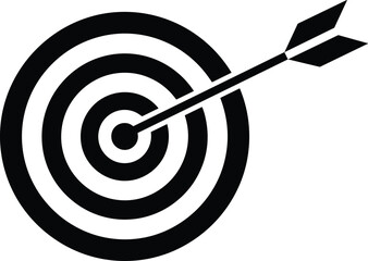 Black and white target illustration with arrow hitting bullseye, symbolizing precision, accuracy, success, focus, strategy, and achieving business or personal goals