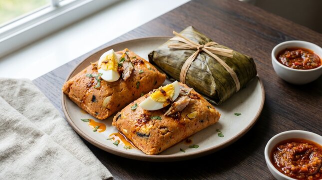Traditional Moi Moi African Steamed Dish with Egg and Fish Served on a Plate with Hot Sauce on a Wooden Table