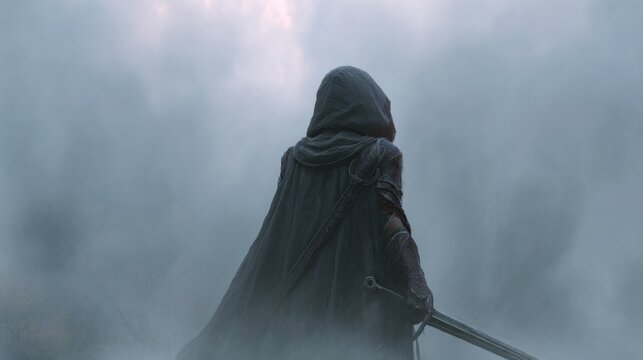 Mysterious Cloaked Warrior Emerges from Thick Fog in Enigmatic Fantasy Landscape