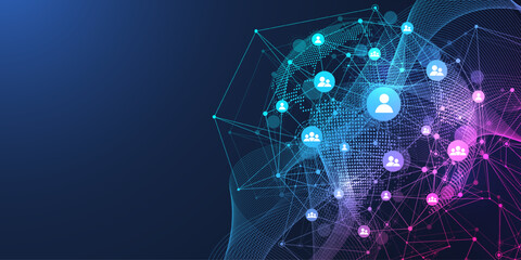 Global network connection concept. Big data visualization. Social network communication in the global computer networks. Internet technology. Business. Science. Vector illustration