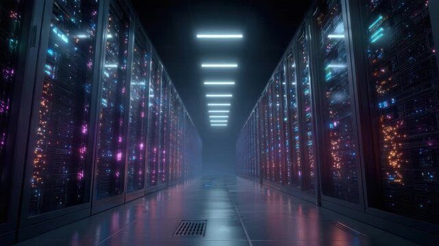 Data Center Hallway: The image reveals a futuristic data center hallway, showcasing server racks filled with intricate electronics. This scene exudes technology, information.