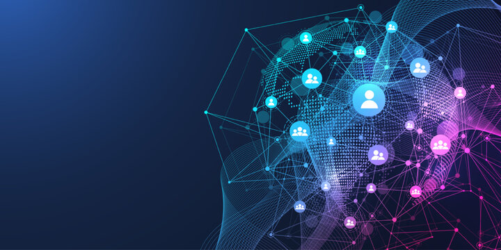 Global network connection concept. Big data visualization. Social network communication in the global computer networks. Internet technology. Business. Science. Vector illustration