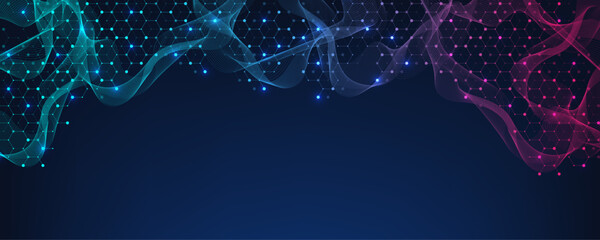 Molecular abstract structure and genetic engineering DNA. Healthcare and medicine background concept. Scientific research background. Wave flow. Innovation pattern. Vector illustration.