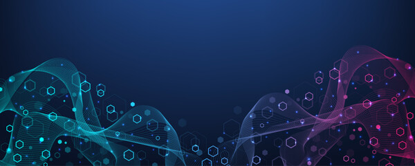 Molecular abstract structure and genetic engineering DNA. Healthcare and medicine background concept. Scientific research background. Wave flow. Innovation pattern. Vector illustration.