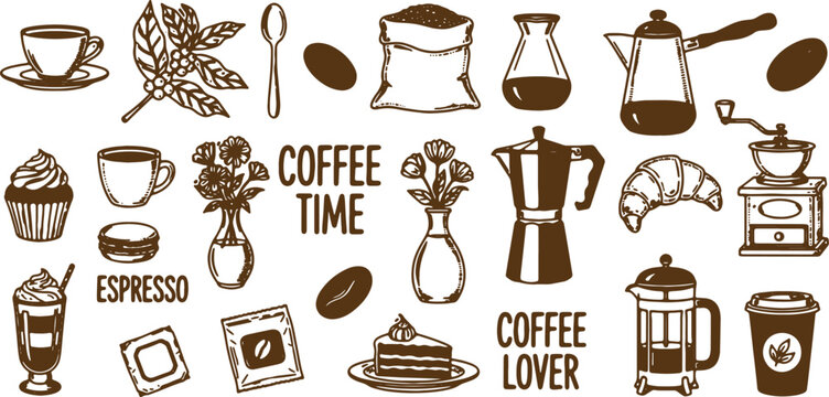 coffee time and coffee lover icons set with various objects