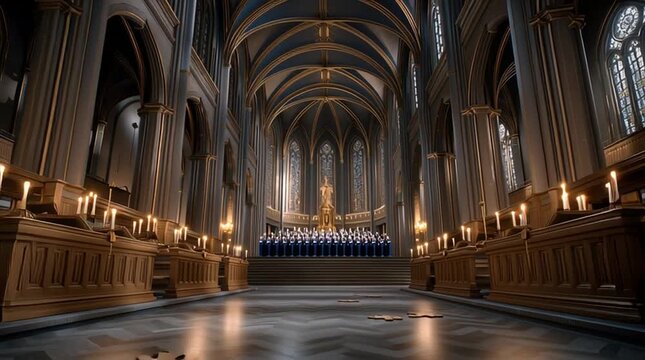 Grandeur in Gothic Hall: A breathtaking scene showcasing the majestic interior of a gothic cathedral, with its intricate architecture, soaring arches, and a choir poised in anticipation.