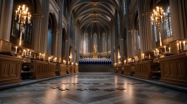 Gothic Grandeur: A symmetrical perspective showcases the captivating interior of an ornate Gothic cathedral, with intricate details, majestic columns, and soft ambient lighting.