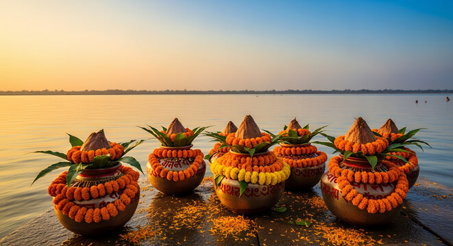 Vibrant Marigold Garlands and Earthen Pots for Kumbh Mela Rituals Placed Near Sacred Water's Edge