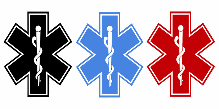 Three star of life emblems in black blue and red colors