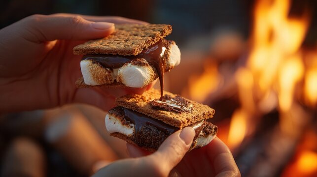s'mores being assembled over a glowing campfire at night, chocolate melting between toasted marshmallows and graham crackers, hands delicately holding the treats