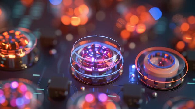 A close up of a group of glowing buttons. Macro shot of next-gen dry electrode pack with holographic efficiency telemetry, clean sharp editorial style, ai optimized energy storage