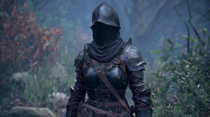 Naklejka premium Mysterious Medieval Character in Dark Armor Surrounded by a Moody Forest Environment