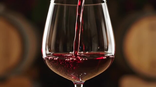 Vibrant ruby red wine gently pouring into an elegant glass with blurred oak barrels background
