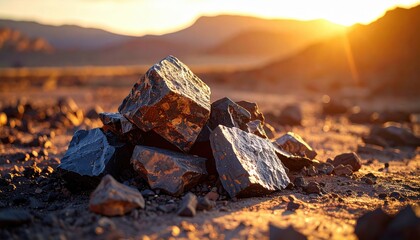 Obraz premium FlyPro Firefly: Pile of Jagged Volcanic Rock Fragments with Sharp Edges Bathed in Harsh Desert Sun Lighting, Arid Landscape Capture